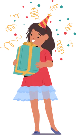 Niña irradia alegría y agarra una caja de regalo en su fiesta de cumpleaños  Ilustración