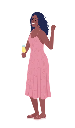 Chica de pelo rizado sonriente con copa de vino espumoso  Ilustración