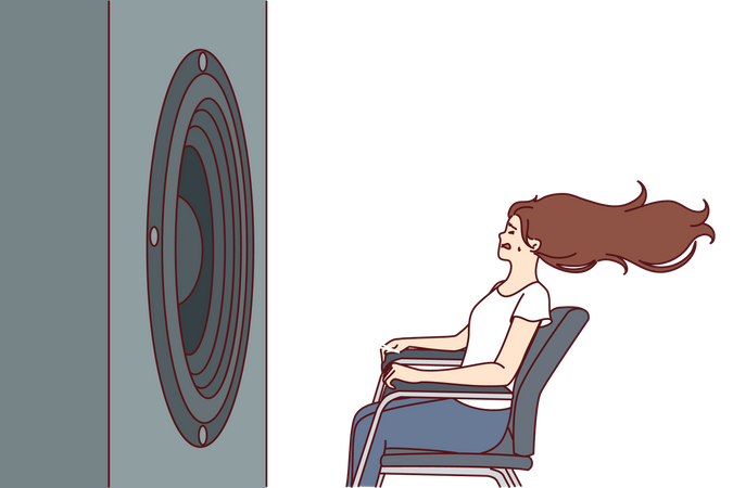 Niña sorda tratando de escuchar la música sentada cerca de un woofer ruidoso  Ilustración