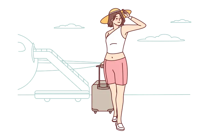 Chica sosteniendo una bolsa de viaje y yendo de vacaciones de verano  Ilustración
