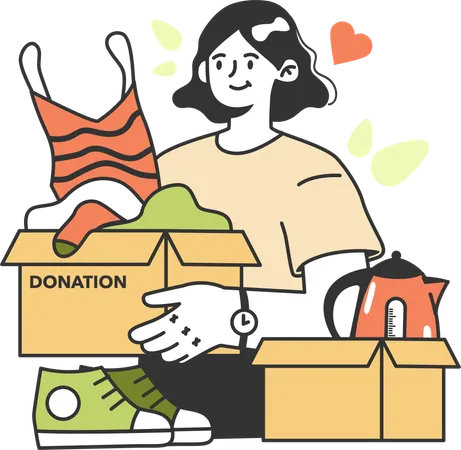 Chica sosteniendo caja de ropa para donación  Ilustración