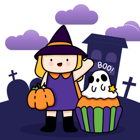 Chica sosteniendo calabaza y celebrando Halloween  Ilustración