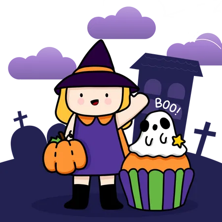Chica sosteniendo calabaza y celebrando Halloween  Ilustración