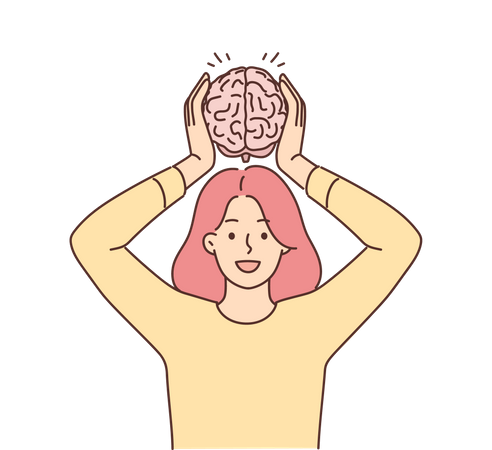 Chica sosteniendo el cerebro en la cabeza  Ilustración