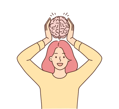 Chica sosteniendo el cerebro en la cabeza  Ilustración