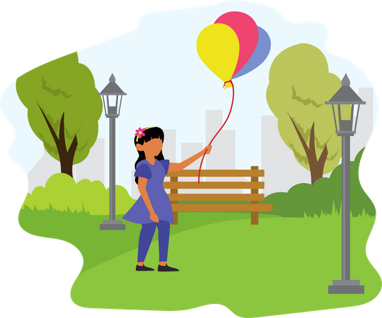 Chica sujetando globos en el parque  Ilustración