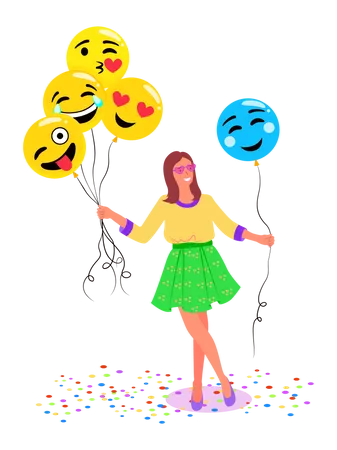 Chica sosteniendo globos sonrientes  Ilustración