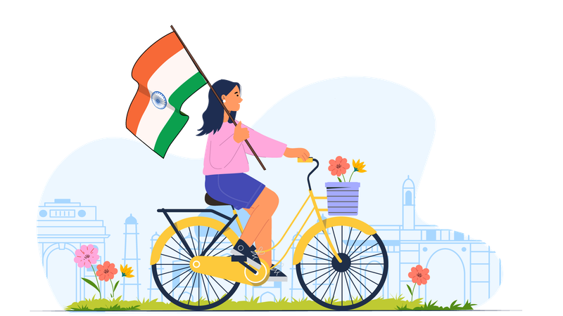 Chica sosteniendo la bandera india mientras andaba en bicicleta el día de la independencia  Ilustración