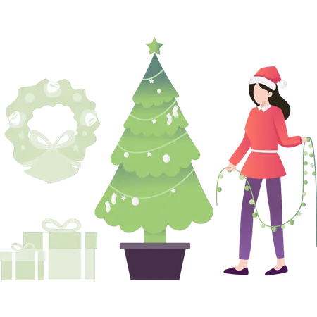 Niña sosteniendo luces de colores para el árbol de Navidad  Ilustración