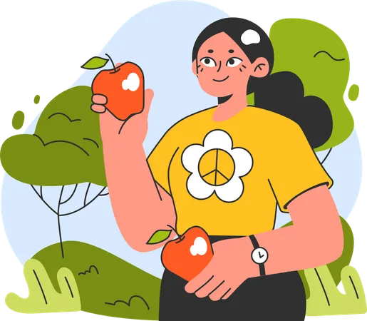 Chica sujetando manzana orgánica  Ilustración