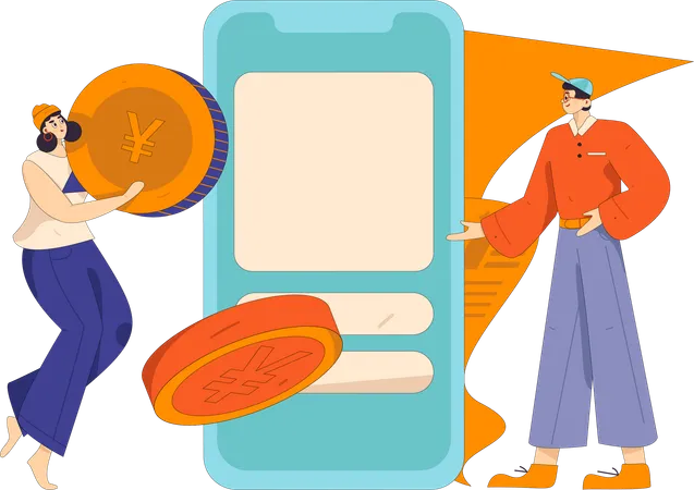 Niña sosteniendo moneda yen mientras el hombre hace pago móvil  Ilustración