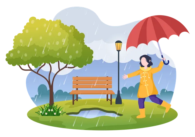 Chica sujetando paraguas caminando en el parque  Ilustración