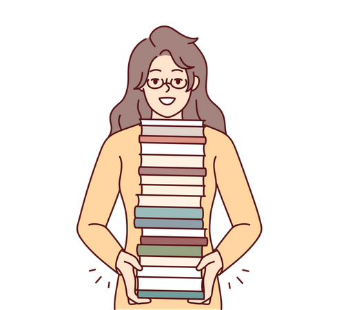 Chica sujetando la pila de libros  Ilustración