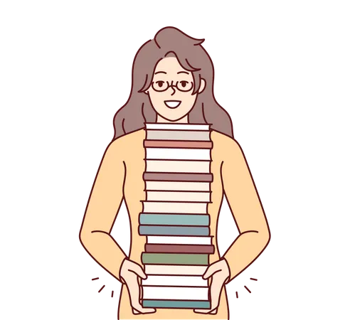 Chica sujetando la pila de libros  Ilustración