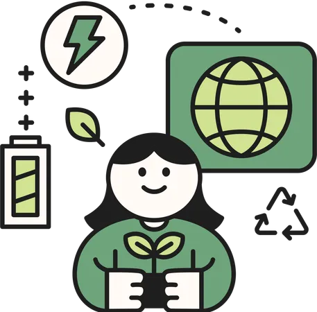 Chica sosteniendo la planta mientras usa energía ecológica  Ilustración