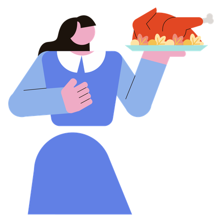 Chica sujetando plato de pollo asado  Ilustración