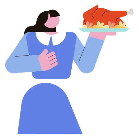 Chica sujetando plato de pollo asado  Ilustración