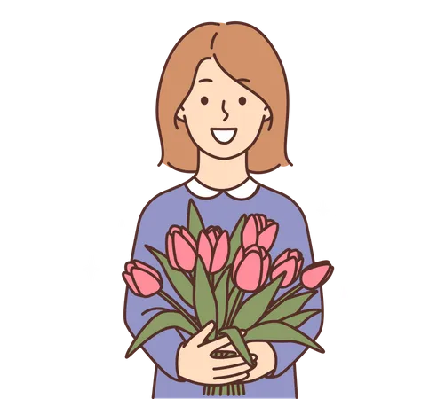 Chica sujetando un ramo de flores  Ilustración