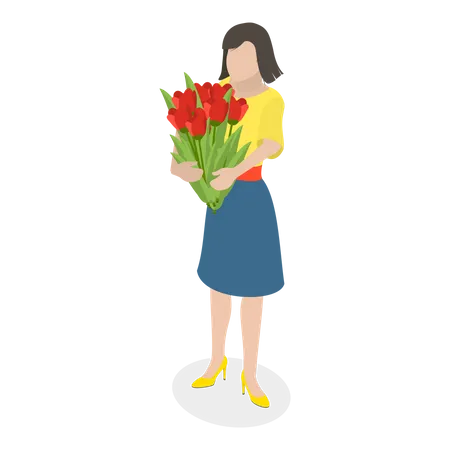 Chica sosteniendo ramo de flores  Ilustración
