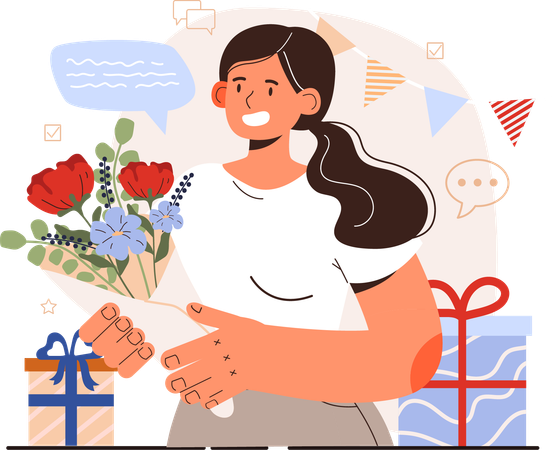 Chica sosteniendo ramo de flores mientras etiqueta de felicitación  Ilustración