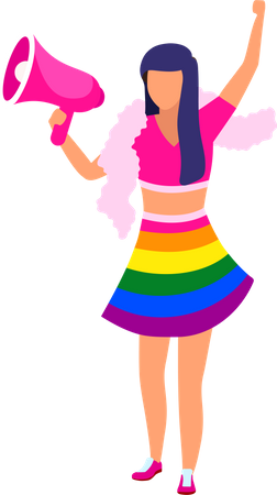 Chica sujetando altavoz vistiendo traje de arco iris  Ilustración