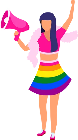 Chica sujetando altavoz vistiendo traje de arco iris  Ilustración