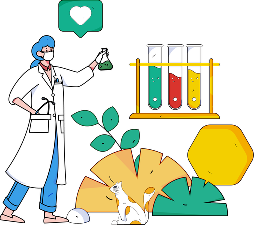 Niña sosteniendo un matraz mientras realiza una investigación médica  Illustration