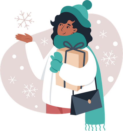 Chica sosteniendo un regalo mientras atrapa copos de nieve con la mano  Ilustración