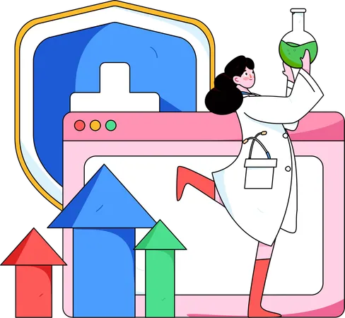 Chica sosteniendo un vaso y haciendo investigaciones médicas  Ilustración