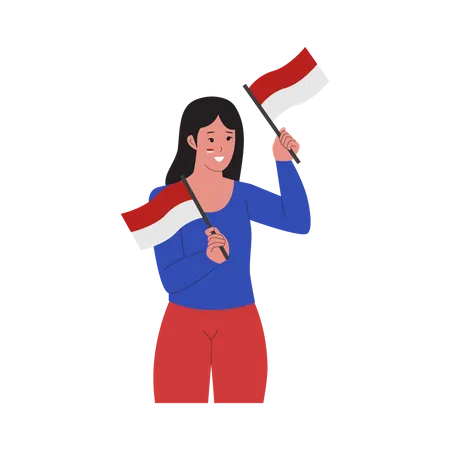 Niña sosteniendo una bandera y celebrando el día de la independencia de Indonesia.  Ilustración