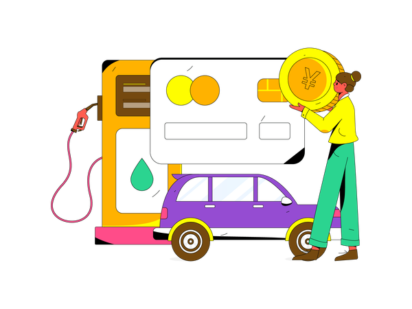 Chica sosteniendo una moneda de yen mientras estaba de pie en la estación de combustible  Ilustración