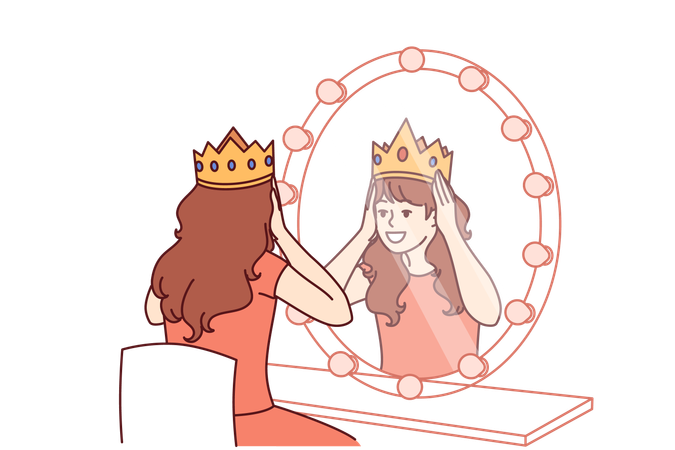 La niña sueña con una corona real en la cabeza.  Ilustración