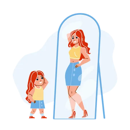 Niña sueña con una mujer adulta en el espejo  Ilustración