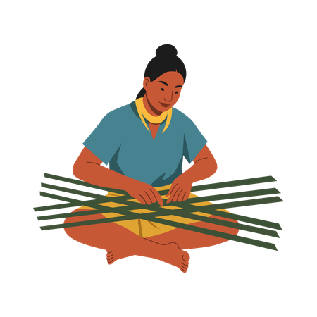 Niña tejiendo palos de bambú  Ilustración