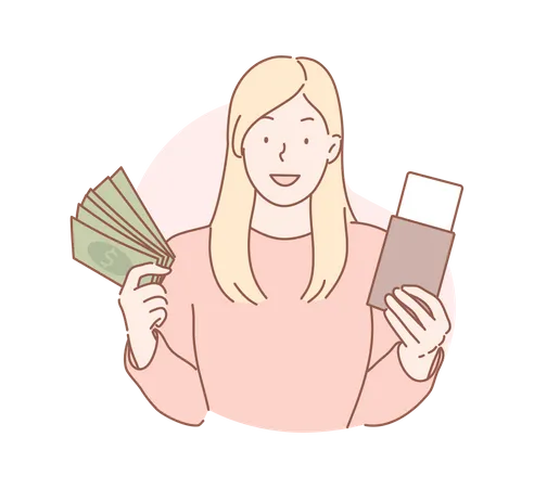 Chica sosteniendo dinero en efectivo y pasaporte  Ilustración