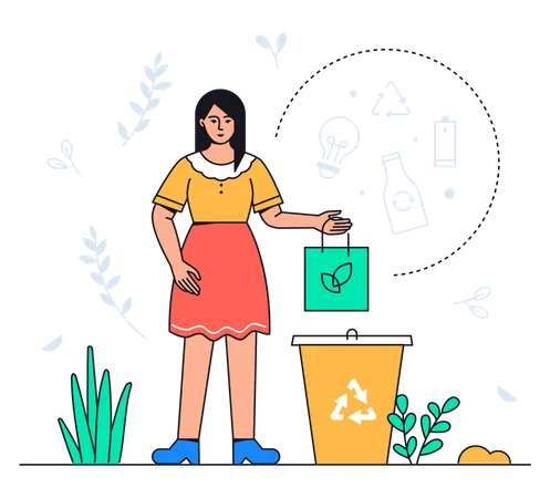 Niña tira residuos de reciclaje en la papelera de reciclaje  Ilustración