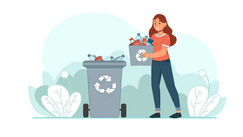 Chica tirando basura en la papelera de reciclaje  Ilustración