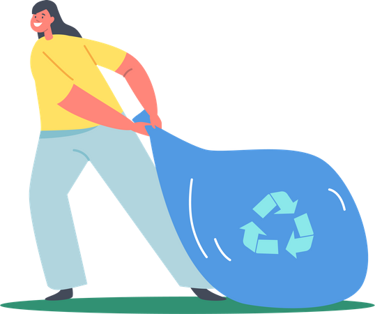Chica tirando de bolsa de basura reciclada para reciclar  Ilustración