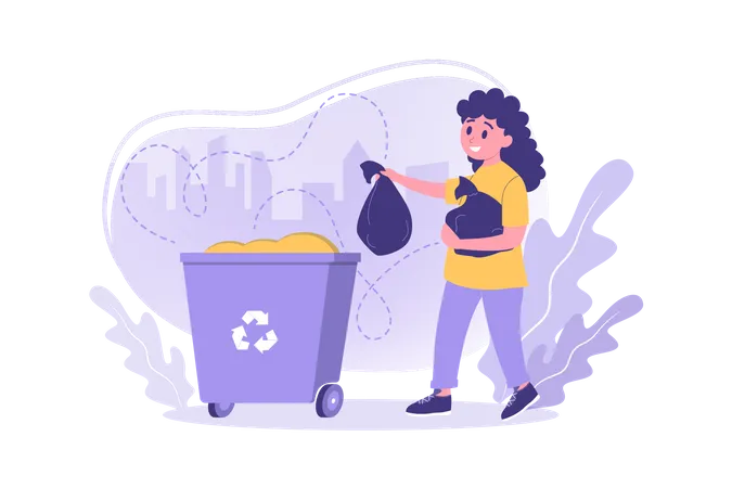 Chica tirando residuos en la papelera de reciclaje  Ilustración