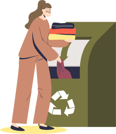 Chica tirando ropa usada en un contenedor para reciclaje  Ilustración