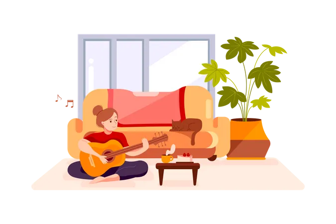 La Nina Toca La Guitarra En Su Habitacion Ilustración