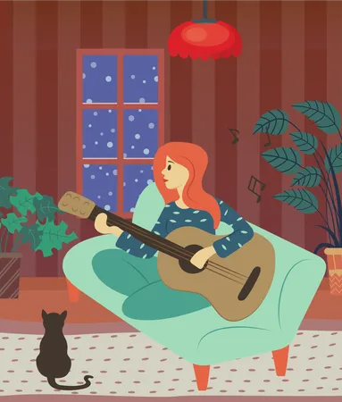 Niña tocando la guitarra en casa  Ilustración