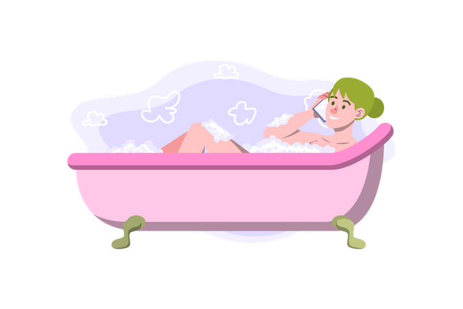 Chica tomando un baño en la bañera  Ilustración