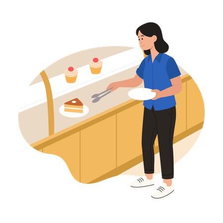Niña tomando comida del buffet  Ilustración