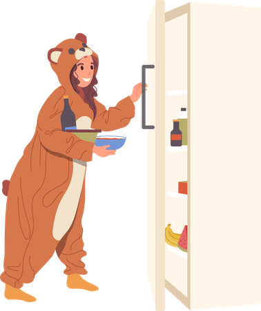 Niña tomando comida y bebida del refrigerador de la cocina abierta para la fiesta de pijamas nocturna  Ilustración