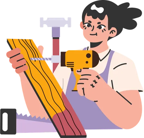 Chica trabajando como carpintero  Ilustración