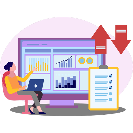 Chica trabajando en datos gráficos en la computadora portátil  Ilustración