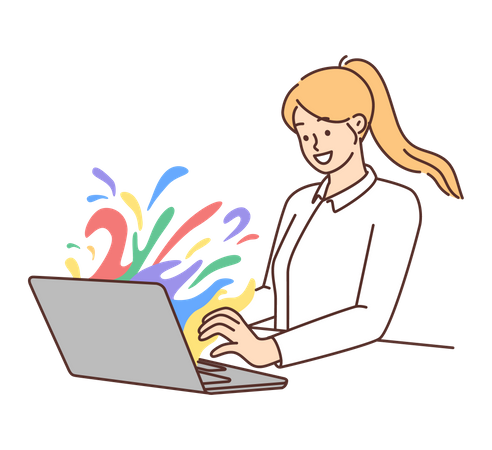 Chica trabajando en la computadora portátil  Ilustración