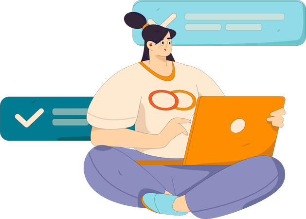Chica trabajando en una computadora portátil mientras hace negocios Comunicación  Ilustración