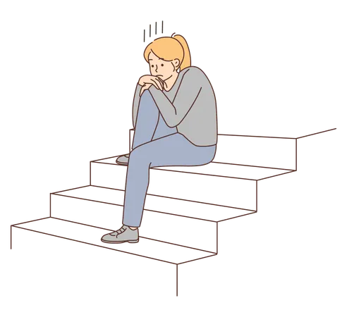 Chica triste y sentada en la escalera  Ilustración